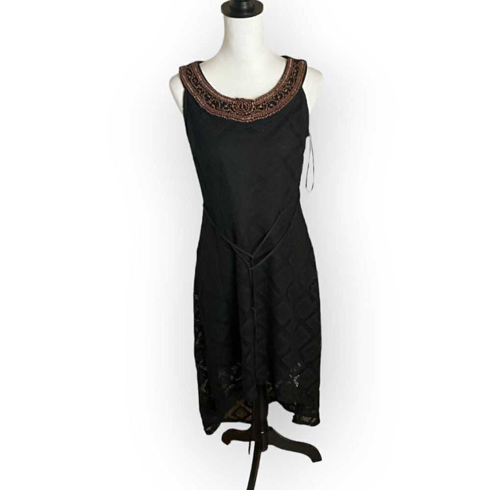 BLACK Crochet Style High-Low Beaded Collar Dress With Tie Waist Size 8